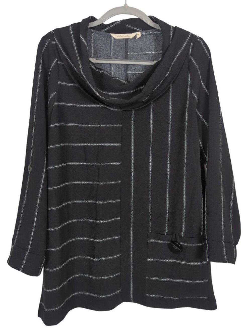 Soft Surroundings Tunic Top Womens M Black Stripe Cowl Neck Roll Tab Logan Look
